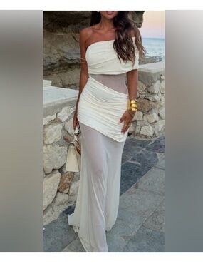 Meshki One-Shoulder Ivory and Blush Draped Gown